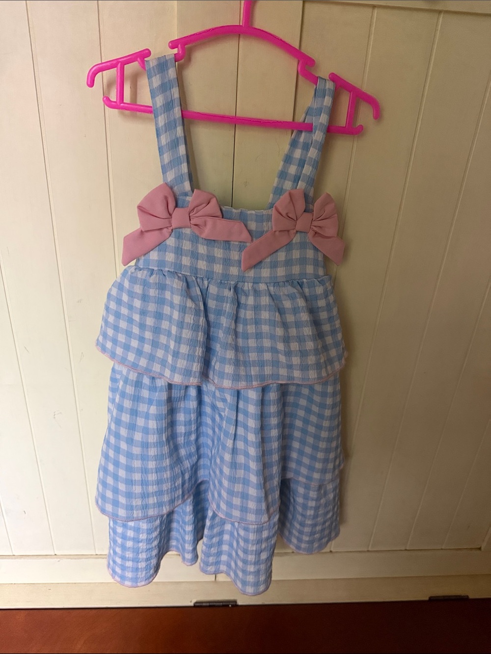 Light Blue Gingham Tiered Sundress with Pink Trim Accents